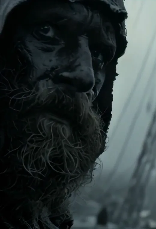 AI film still: close-up of a weathered, bearded man in a hood in a misty historical scene