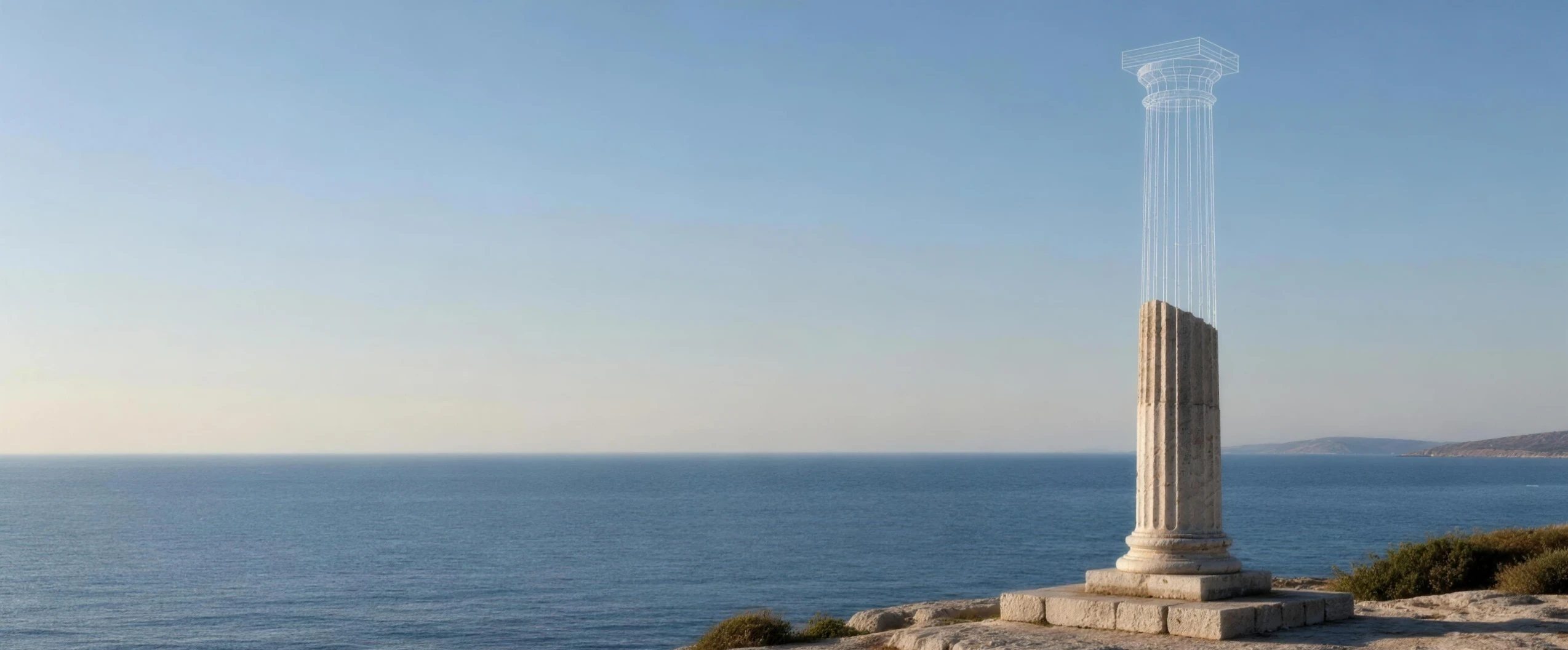 An ancient marble column on a cliff above the sea, its missing top completed as a white digital wireframe