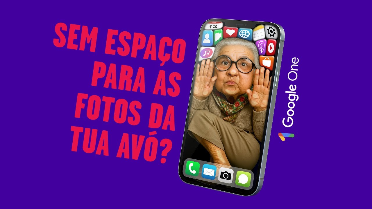 Yorn × Google One AI ad by Falamusa: a grandmother squeezed inside a smartphone full of app icons